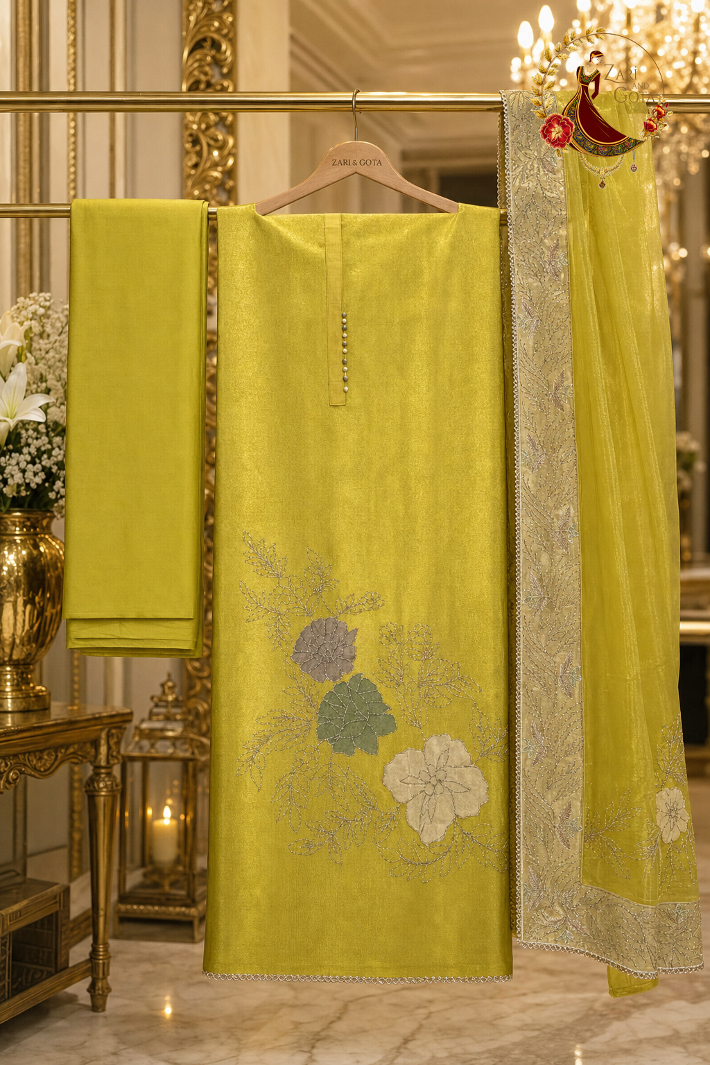 Unstitched lemon yellow shimmer Jimmy Choo appliqué flower suit set components displayed on a hanger: shirt fabric, designer dupatta and bottom