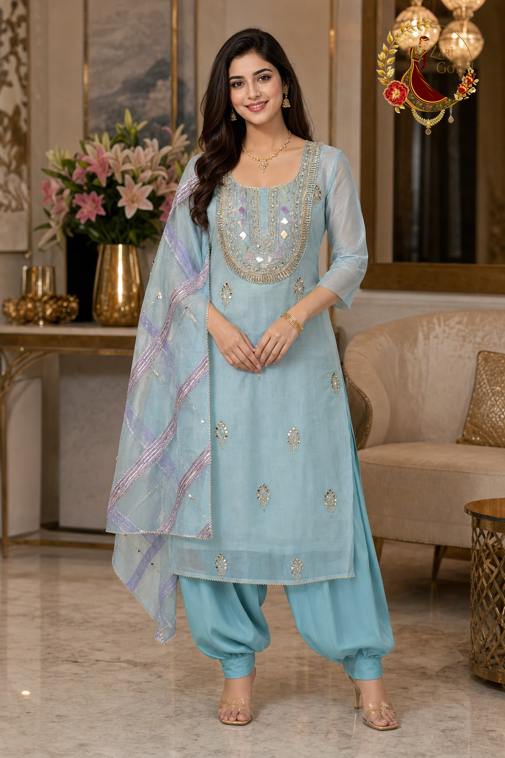 Sky Blue tissue silk unstitched suit set with gota patti and mirror work yoke and lattice dupatta, worn by a model with a Punjabi salwar, Zari and Gota UK