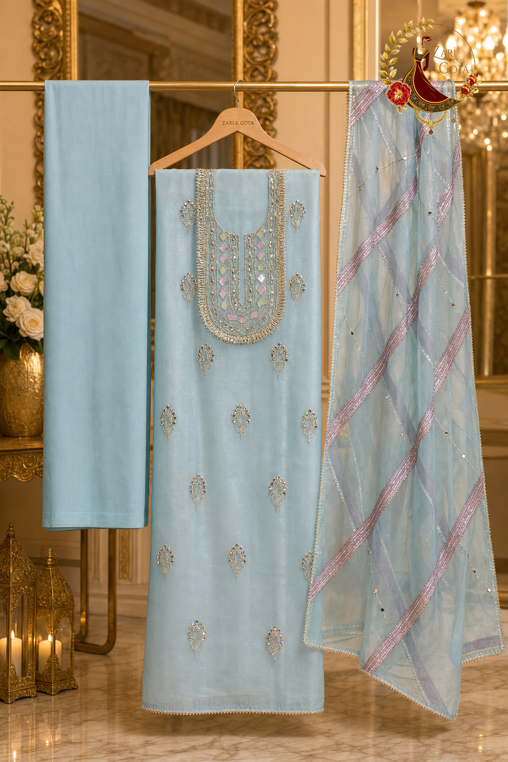 Unstitched sky blue tissue silk gota patti and mirror work suit set components displayed on a hanger: shirt fabric, dupatta and bottom