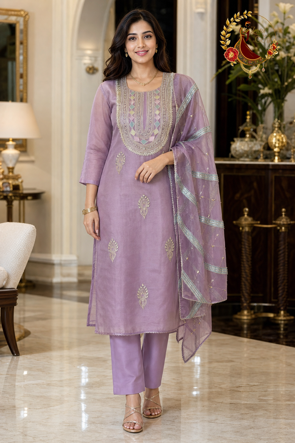 Lavender tissue silk unstitched suit set with gota patti and mirror work yoke and lattice dupatta, worn by a model with straight trousers, Zari and Gota UK