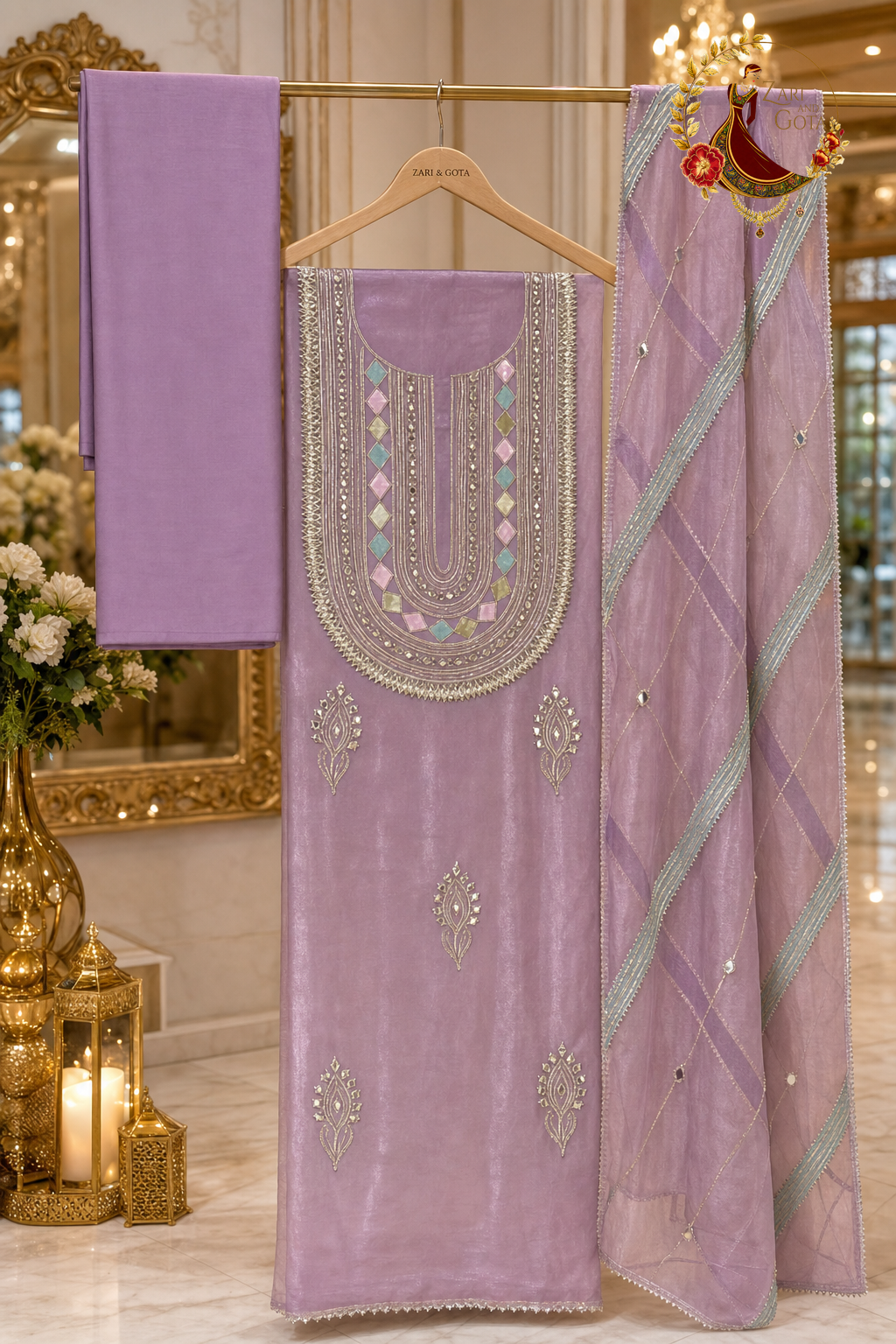 Unstitched lavender tissue silk gota patti and mirror work suit set components displayed on a hanger: shirt fabric, dupatta and bottom