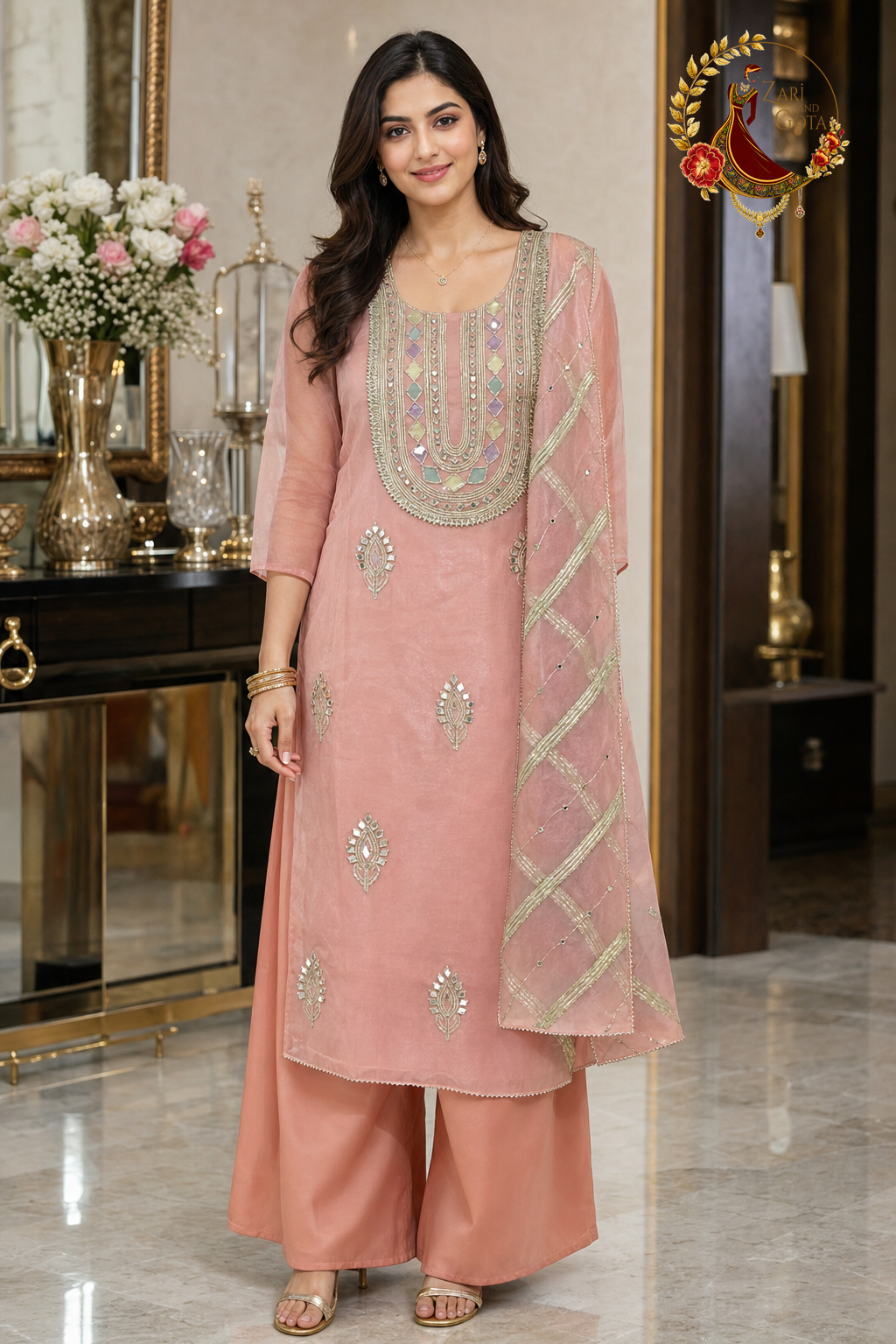 Peach tissue silk unstitched suit set with gota patti and mirror work yoke and lattice dupatta, worn by a model with palazzo trousers, Zari and Gota UK