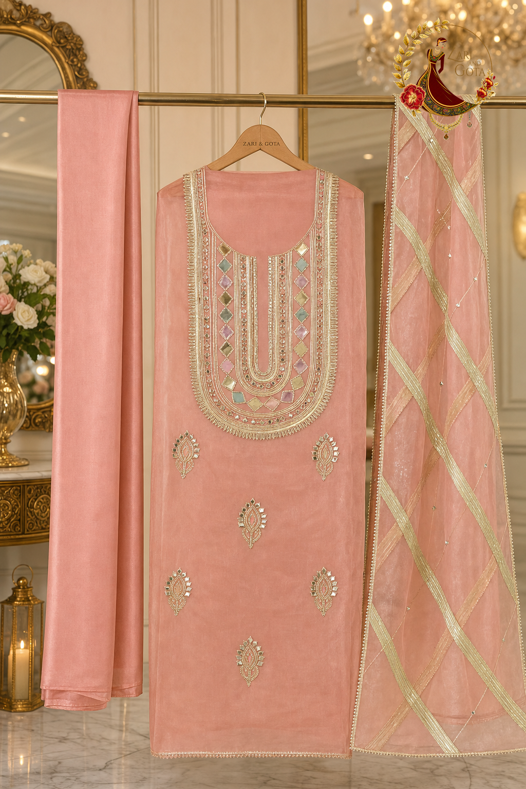 Unstitched peach tissue silk gota patti and mirror work suit set components displayed on a hanger: shirt fabric, dupatta and bottom