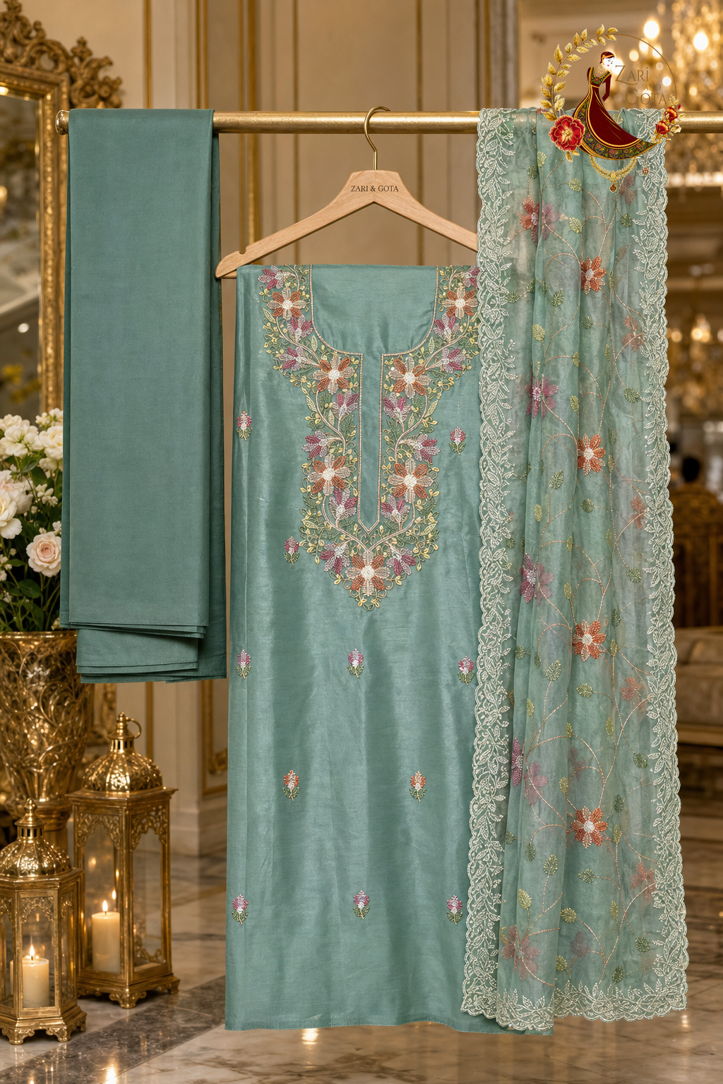Unstitched rama green Chanderi silk thread embroidered suit set components displayed on a hanger: shirt fabric, tissue dupatta and bottom