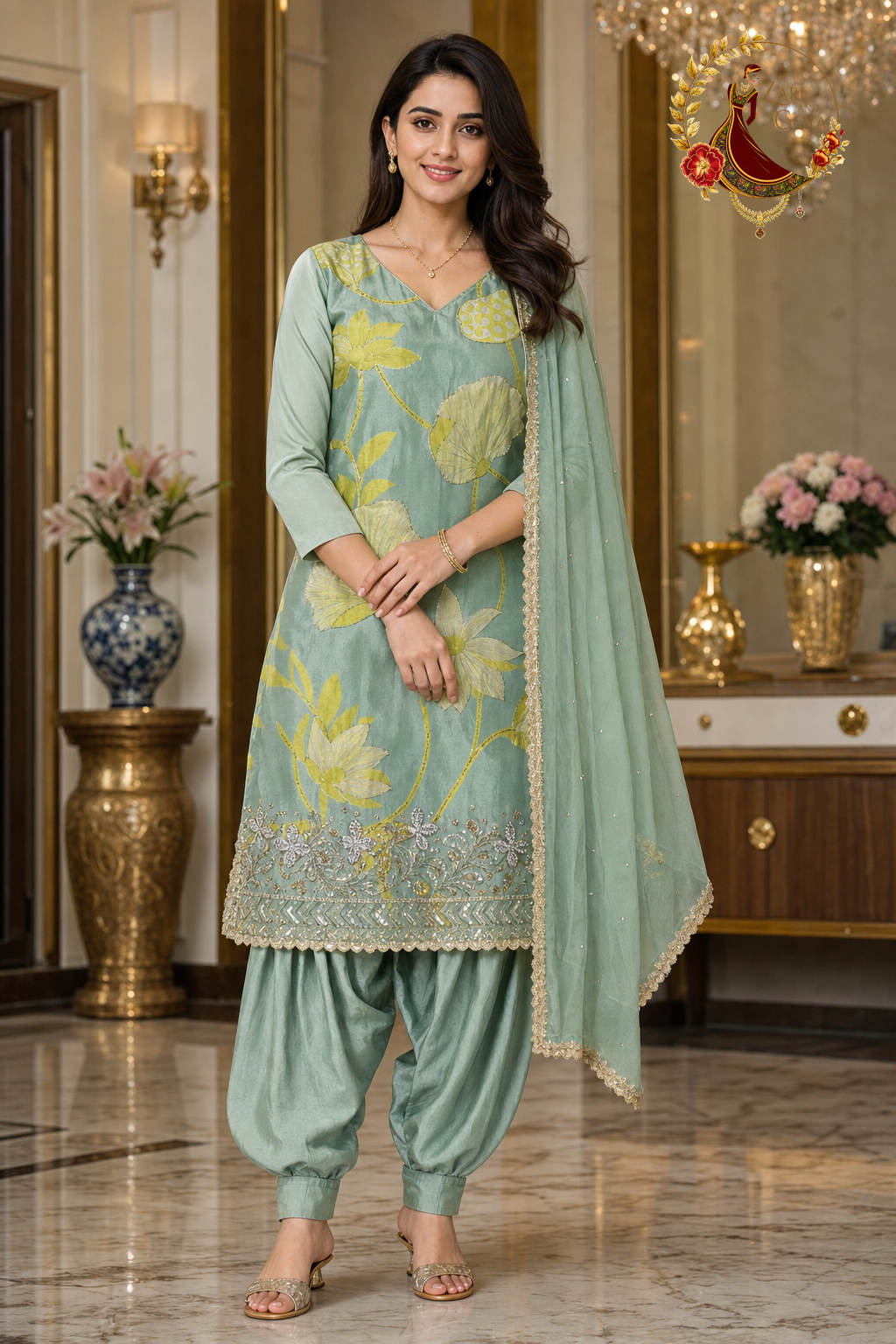 Sea green crepe silk digital print unstitched suit set with lotus print and gold-edged chiffon dupatta, worn by a model with a Punjabi salwar, Zari and Gota UK