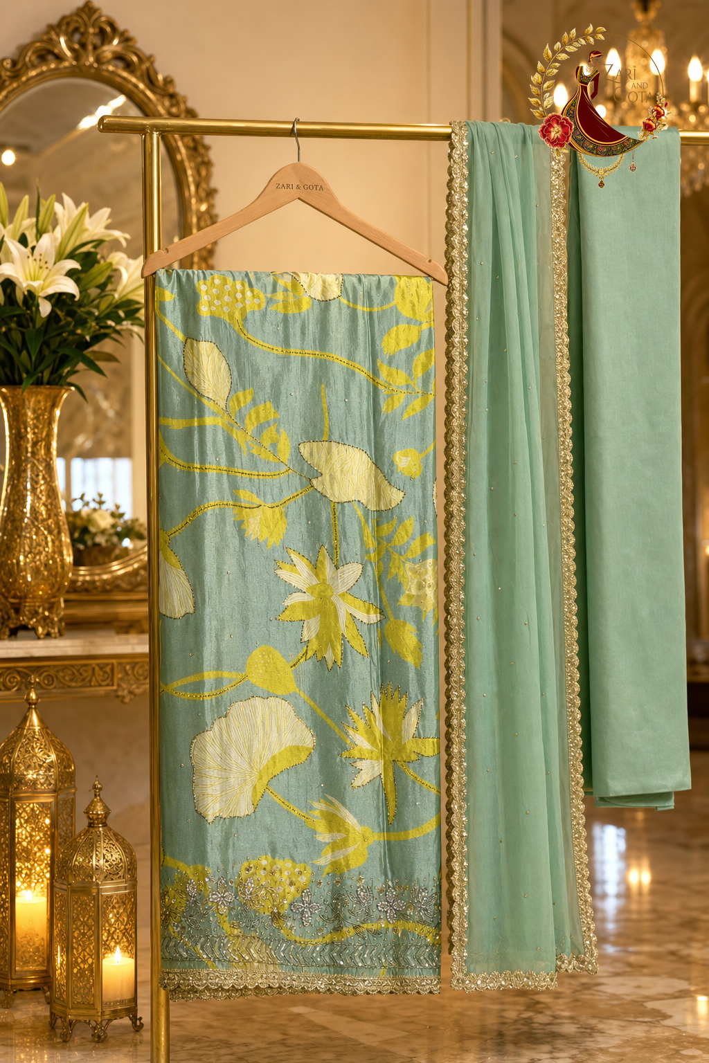 Unstitched sea green crepe silk digital print suit set components displayed on a hanger: shirt fabric, chiffon dupatta and bottom