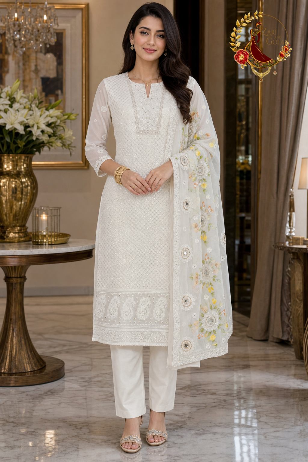 Off White georgette chikankari unstitched suit set with hand-painted mirror work dupatta, worn by a model with straight trousers, Zari and Gota UK