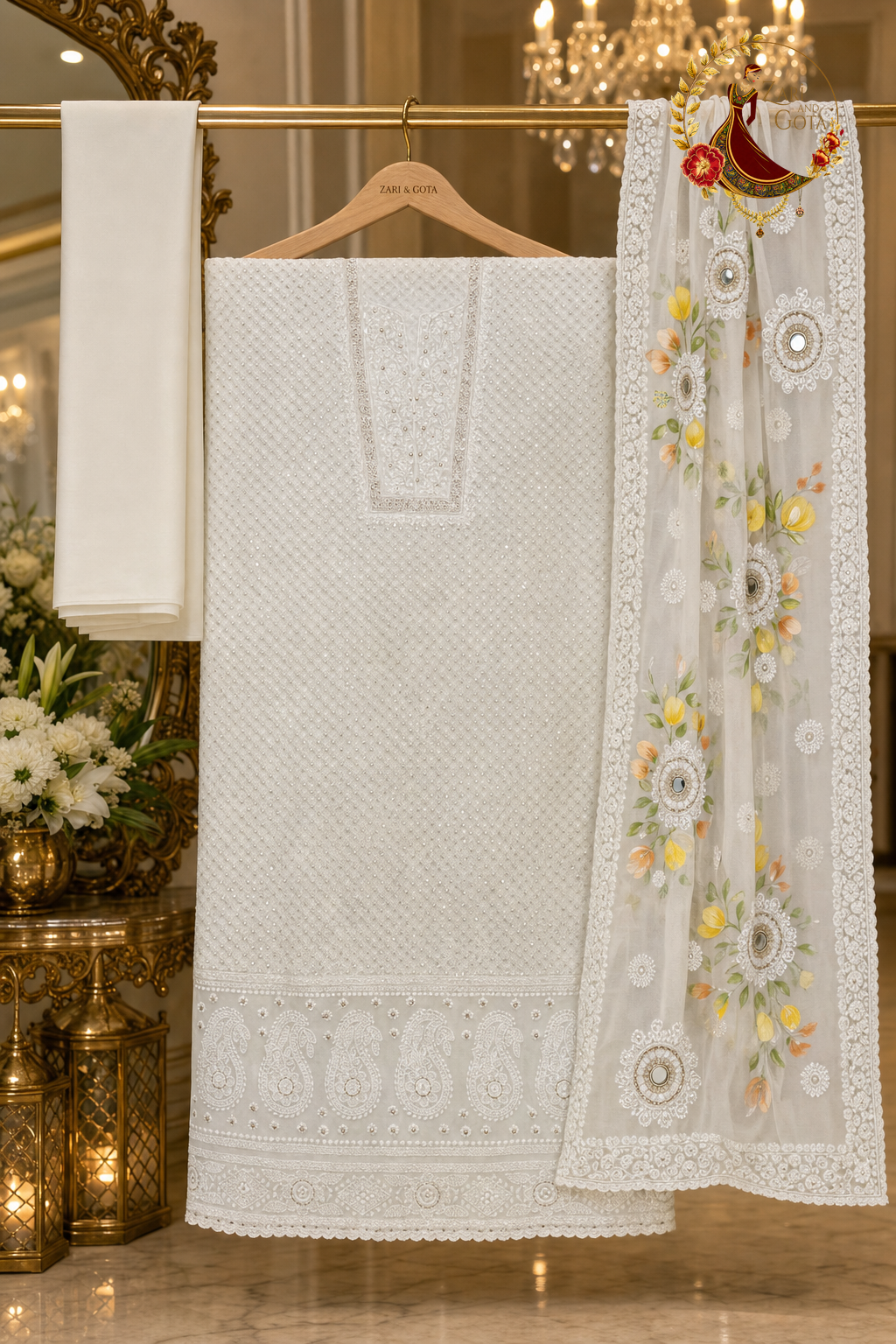 Unstitched off white georgette chikankari suit set components displayed on a hanger: shirt fabric, hand-painted dupatta and bottom