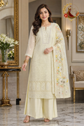 Light Lemon Yellow georgette chikankari unstitched suit set with hand-painted mirror work dupatta, worn by a model with palazzo trousers, Zari and Gota UK