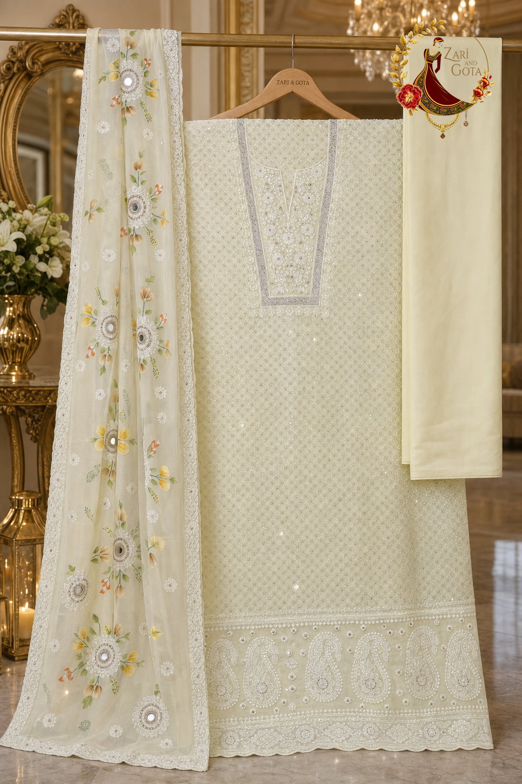 Unstitched light lemon yellow georgette chikankari suit set components displayed on a hanger: shirt fabric, hand-painted dupatta and bottom