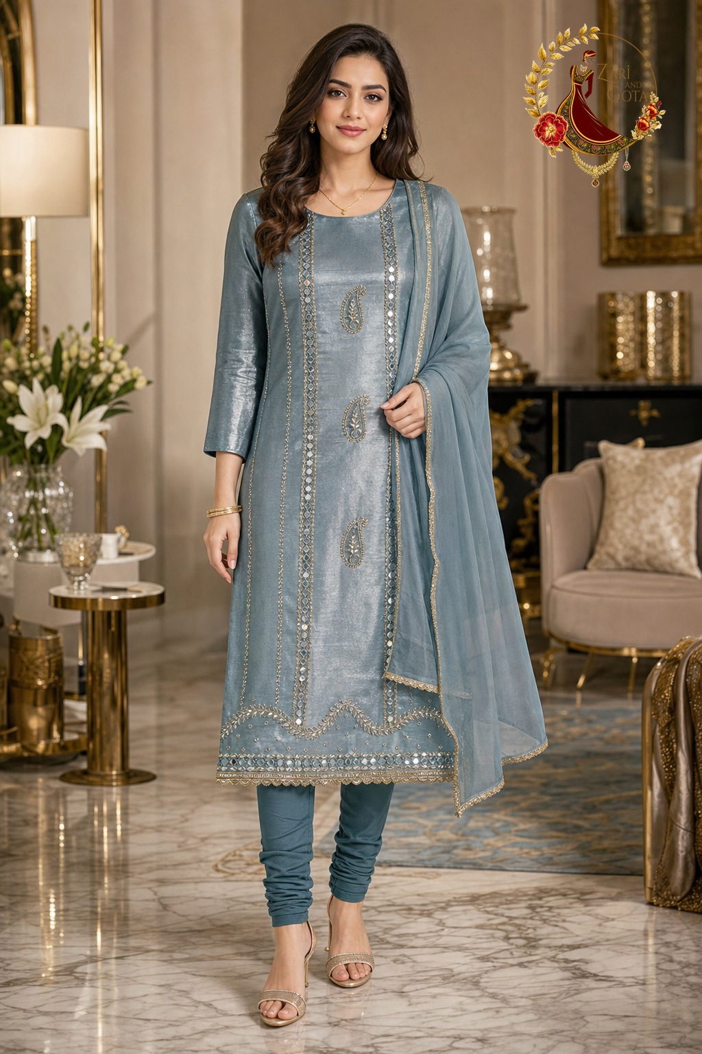 Shimmer Blue Jimmy Choo unstitched suit set with mirror and cutdana work and gold-edged dupatta, worn by a model with a churidar, Zari and Gota UK