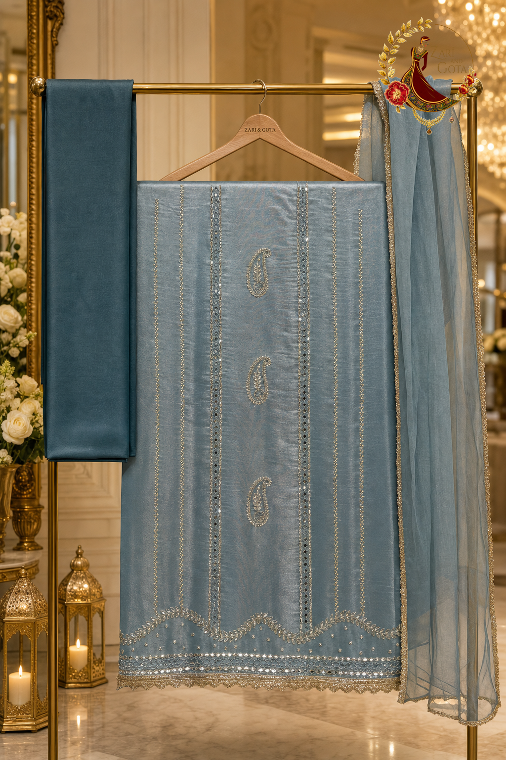 Unstitched shimmer blue Jimmy Choo mirror and cutdana work suit set components displayed on a hanger: shirt fabric, dupatta and bottom