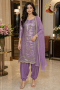 Shimmer Lavender Jimmy Choo unstitched suit set with mirror and cutdana work and gold-edged dupatta, worn by a model with a Punjabi salwar, Zari and Gota UK