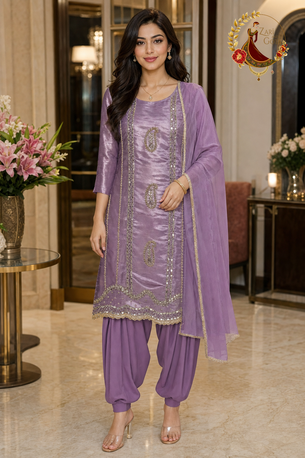 Shimmer Lavender Jimmy Choo unstitched suit set with mirror and cutdana work and gold-edged dupatta, worn by a model with a Punjabi salwar, Zari and Gota UK