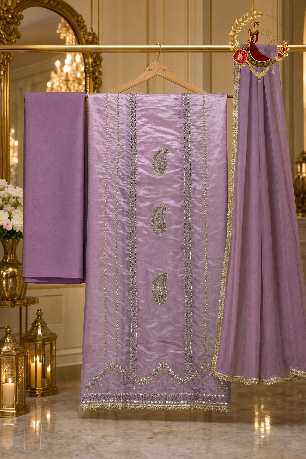 Unstitched shimmer lavender Jimmy Choo mirror and cutdana work suit set components displayed on a hanger: shirt fabric, dupatta and bottom