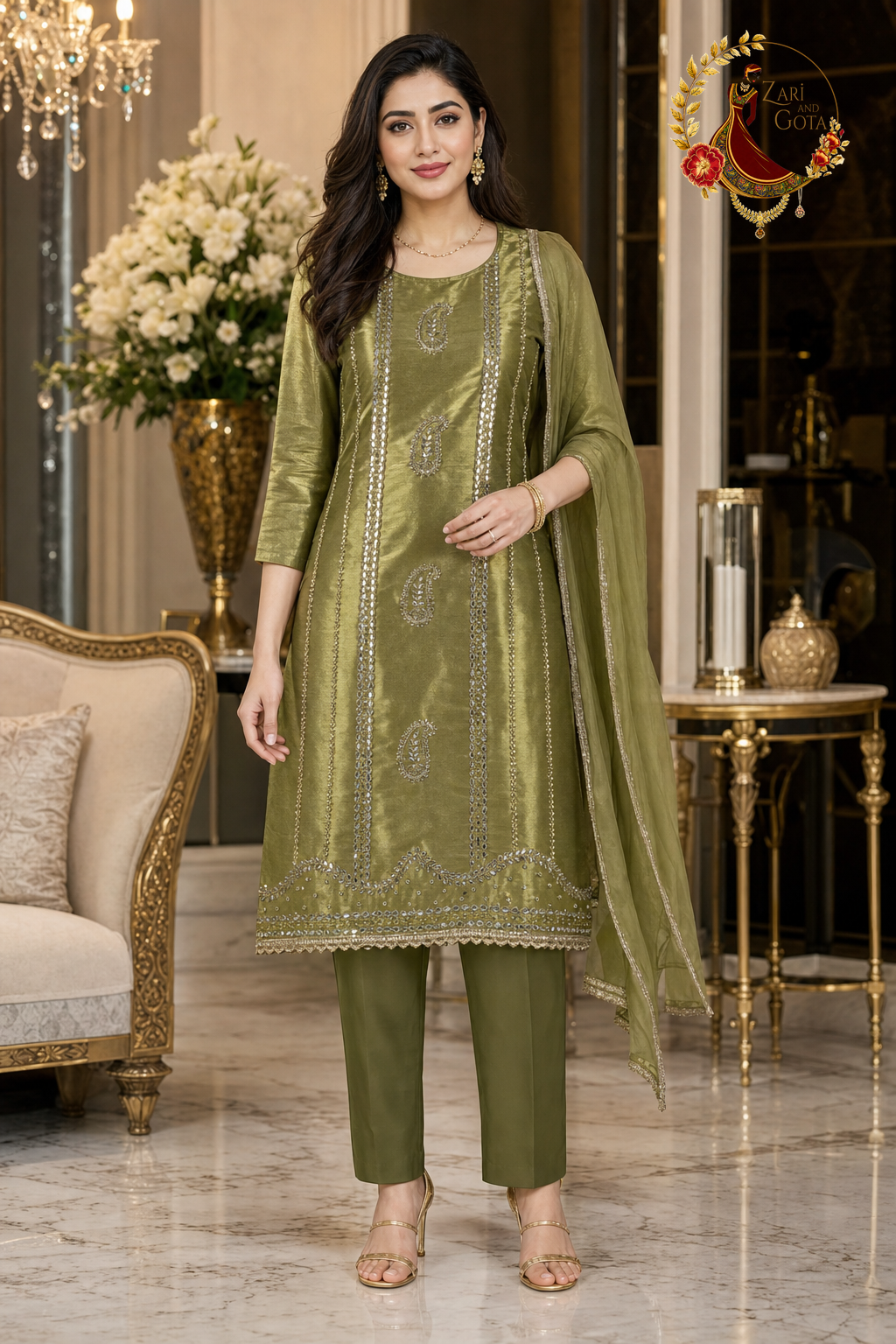 Shimmer Olive Jimmy Choo unstitched suit set with mirror and cutdana work and gold-edged dupatta, worn by a model with straight trousers, Zari and Gota UK