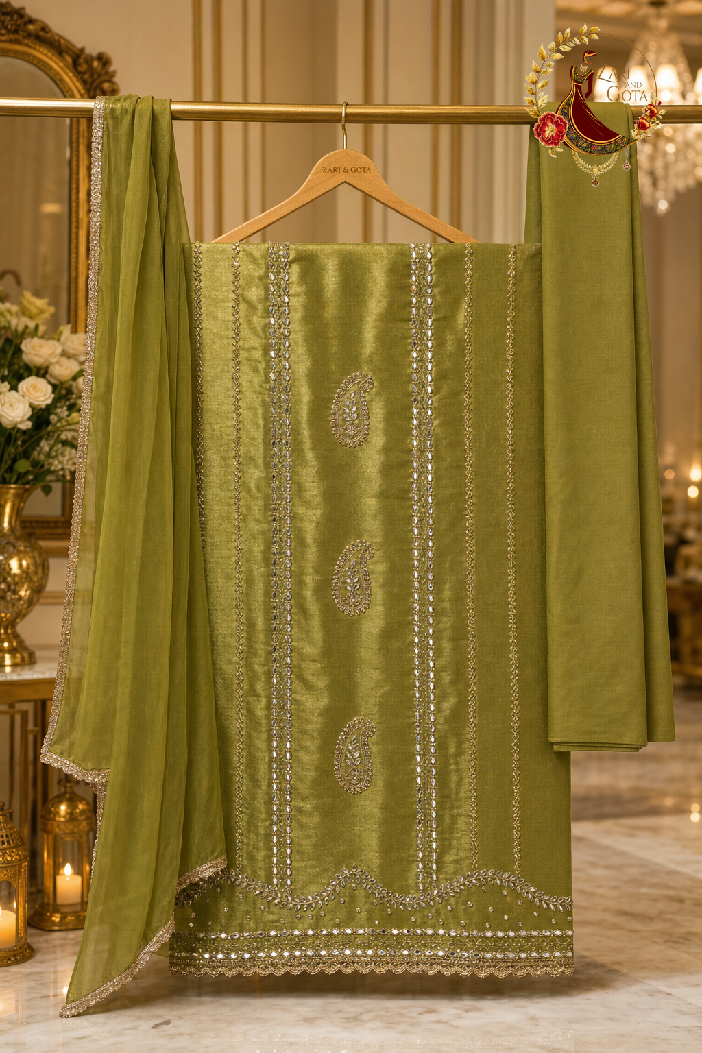 Unstitched shimmer olive Jimmy Choo mirror and cutdana work suit set components displayed on a hanger: shirt fabric, dupatta and bottom