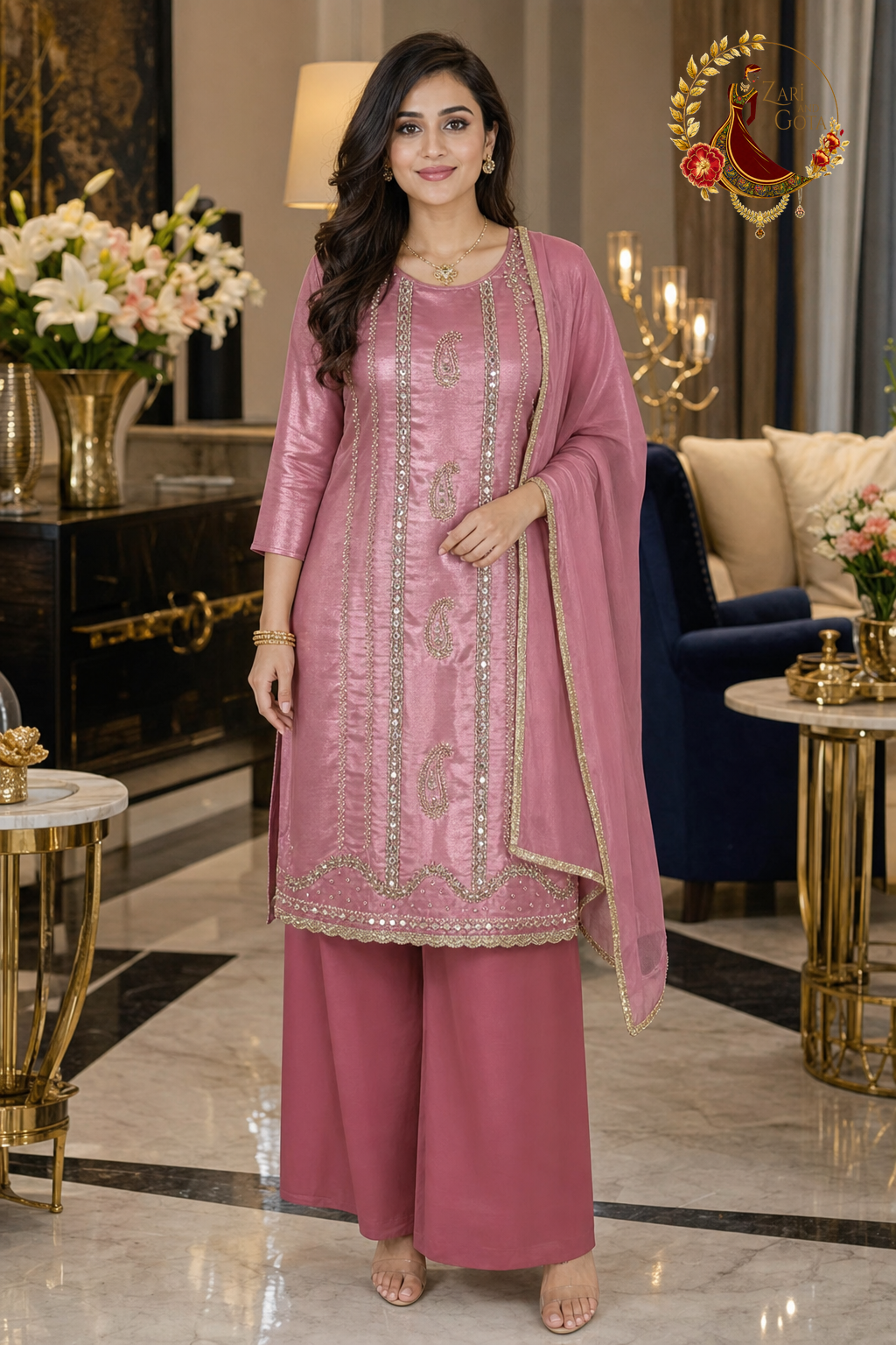 Shimmer Pink Jimmy Choo unstitched suit set with mirror and cutdana work and gold-edged dupatta, worn by a model with palazzo trousers, Zari and Gota UK