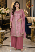 Shimmer Pink Jimmy Choo unstitched suit set with mirror and cutdana work and gold-edged dupatta, worn by a model with palazzo trousers, Zari and Gota UK