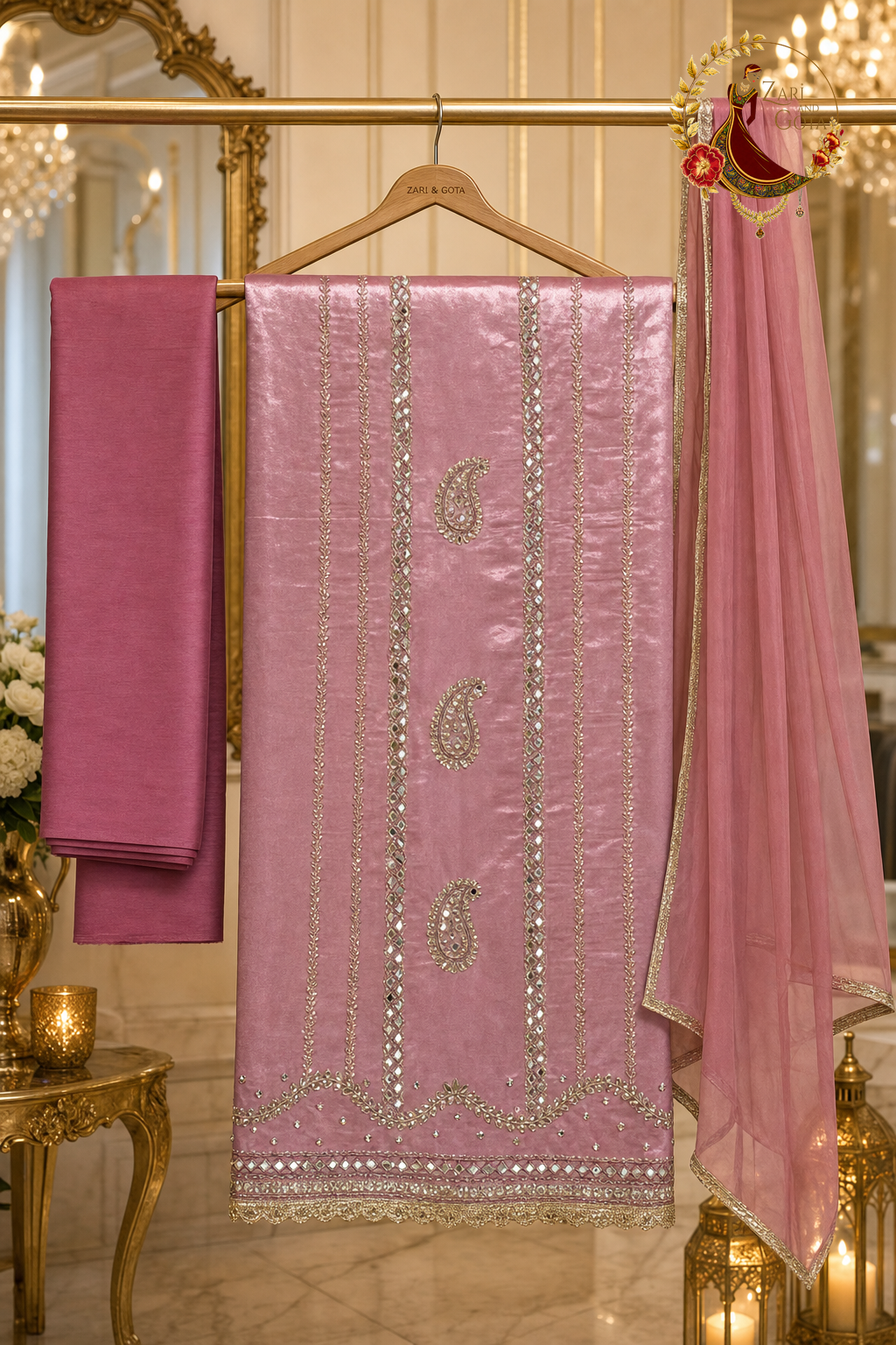 Unstitched shimmer pink Jimmy Choo mirror and cutdana work suit set components displayed on a hanger: shirt fabric, dupatta and bottom