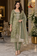 Olive Green shimmer Jimmy Choo gota work unstitched suit set with Banarasi dupatta, worn by a model with a churidar, Zari and Gota UK