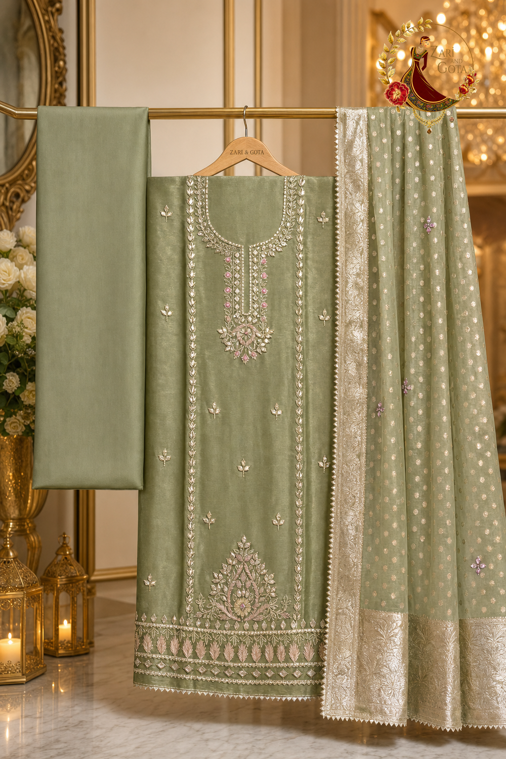 Unstitched olive green shimmer Jimmy Choo gota work suit set components displayed on a hanger: shirt fabric, Banarasi dupatta and bottom