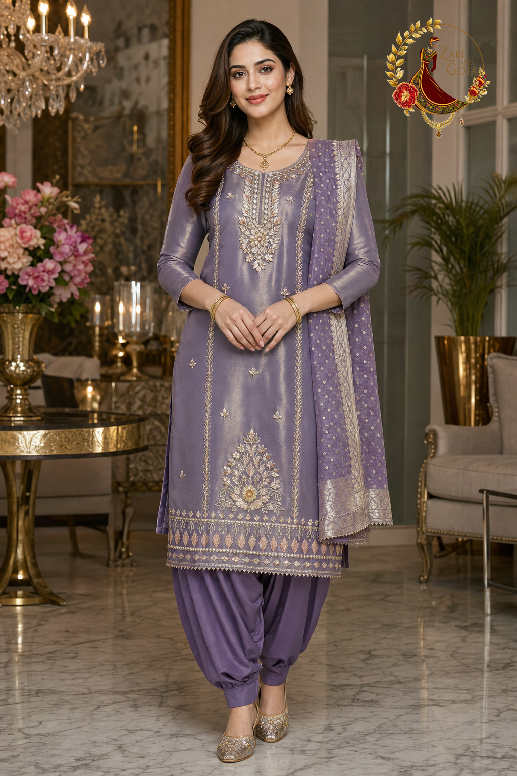 Lavender shimmer Jimmy Choo gota work unstitched suit set with Banarasi dupatta, worn by a model with a Punjabi salwar, Zari and Gota UK