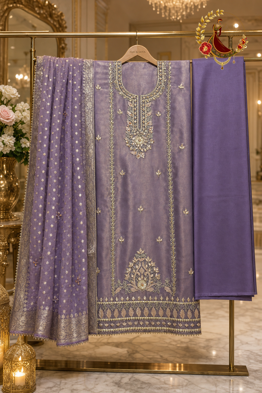 Unstitched lavender shimmer Jimmy Choo gota work suit set components displayed on a hanger: shirt fabric, Banarasi dupatta and bottom