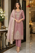 Pink shimmer Jimmy Choo gota work unstitched suit set with Banarasi dupatta, worn by a model with straight trousers, Zari and Gota UK