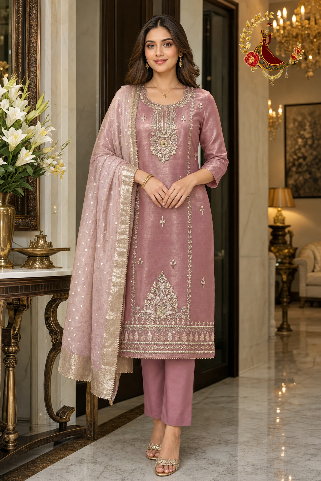 Pink shimmer Jimmy Choo gota work unstitched suit set with Banarasi dupatta, worn by a model with straight trousers, Zari and Gota UK