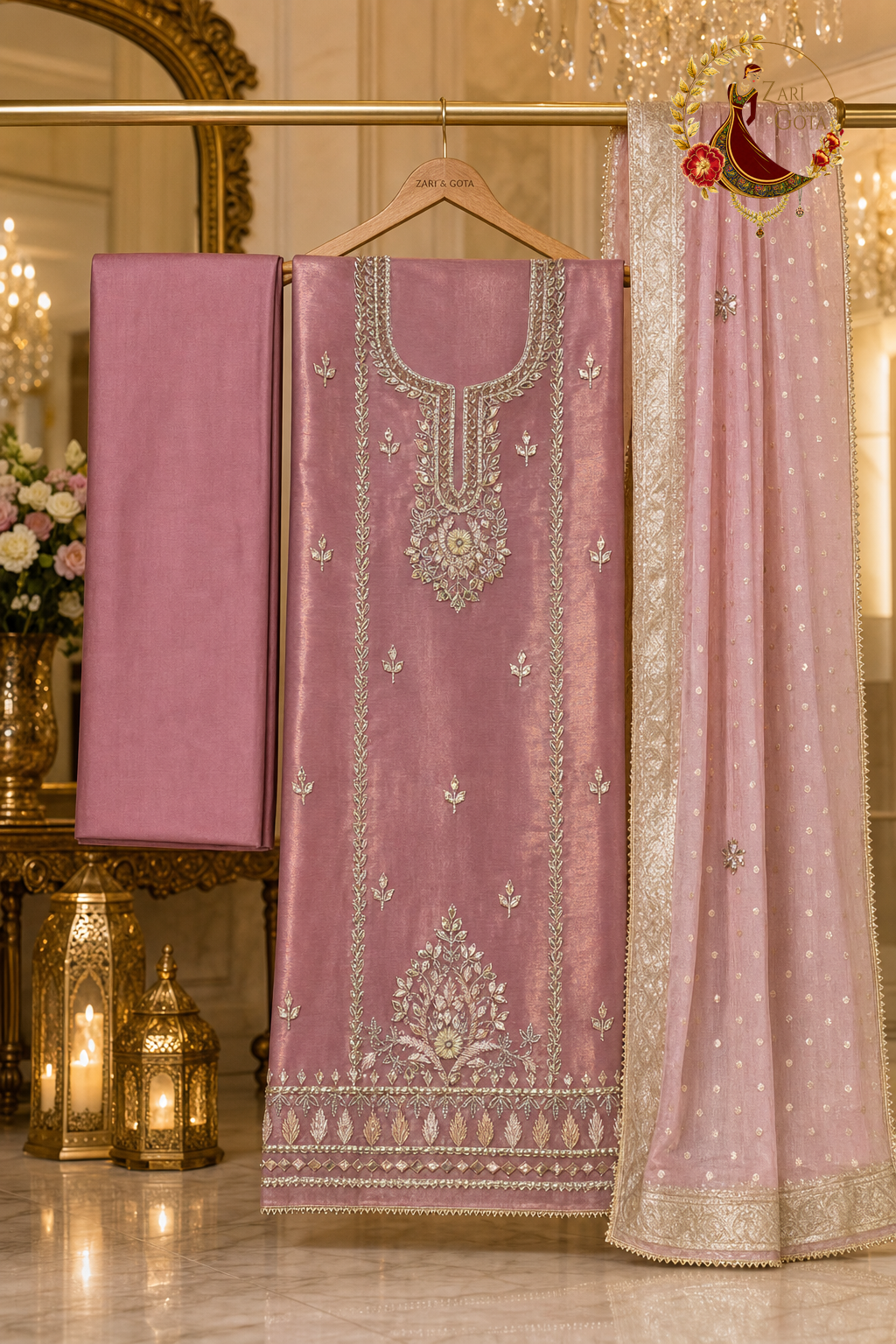 Unstitched pink shimmer Jimmy Choo gota work suit set components displayed on a hanger: shirt fabric, Banarasi dupatta and bottom
