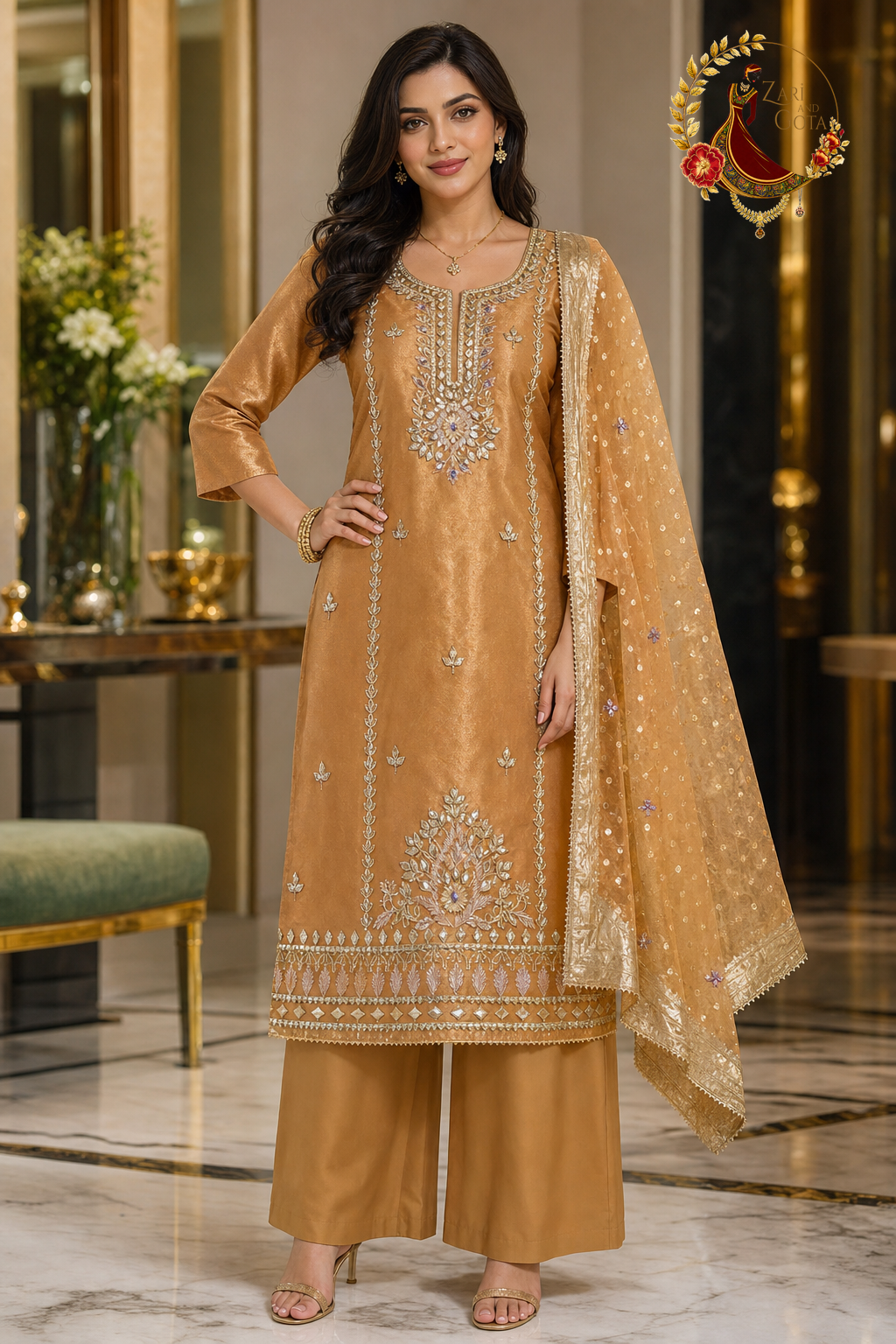 Golden Orange Peach shimmer Jimmy Choo gota work unstitched suit set with Banarasi dupatta, worn by a model with palazzo trousers, Zari and Gota UK
