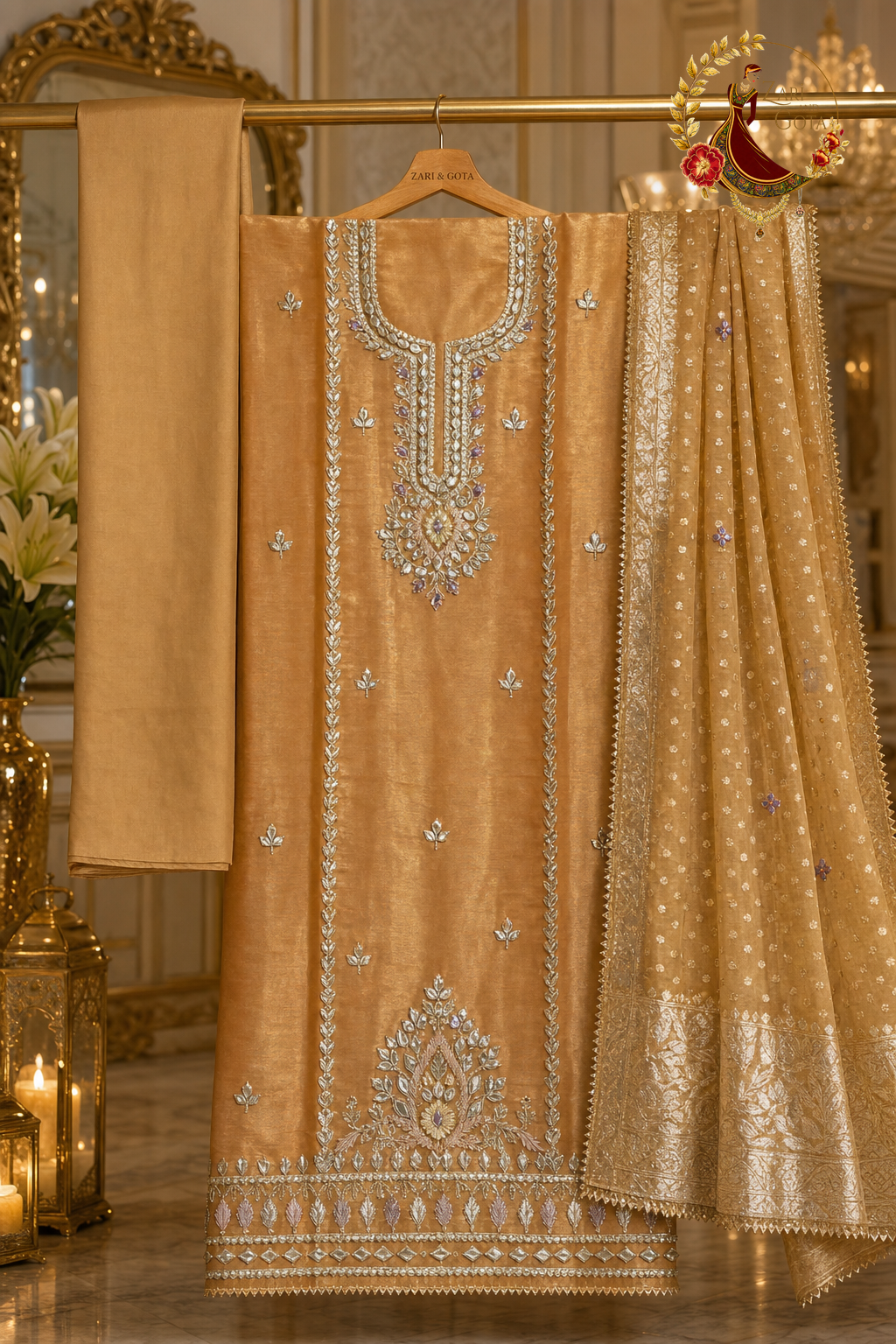 Unstitched golden orange peach shimmer Jimmy Choo gota work suit set components displayed on a hanger: shirt fabric, Banarasi dupatta and bottom