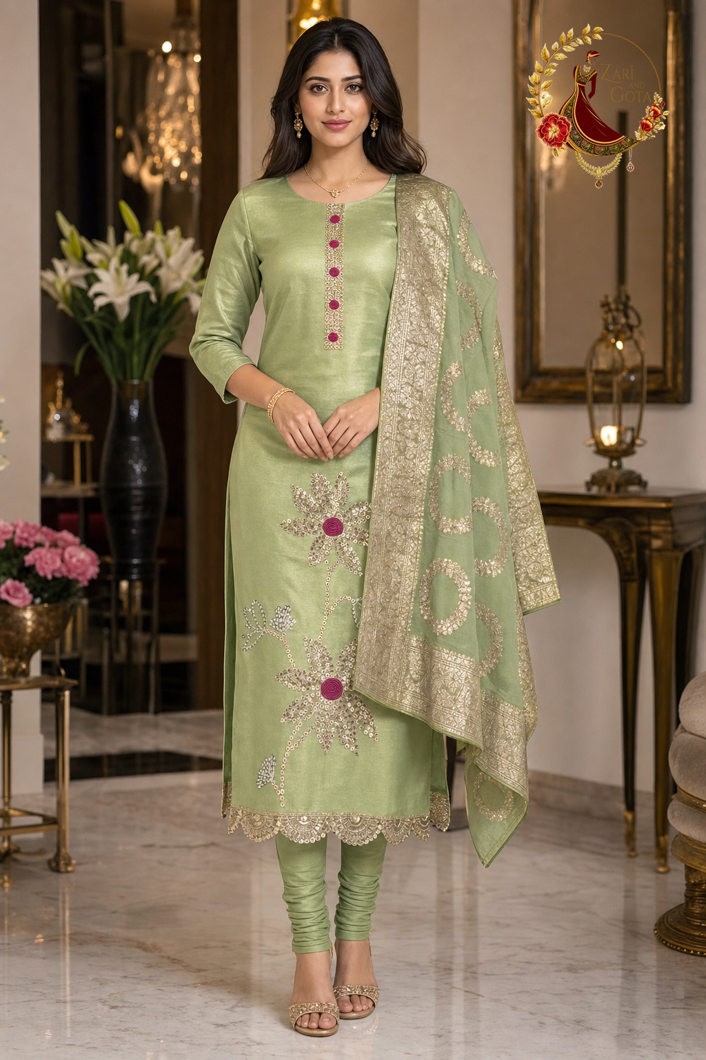 Pista green shimmer silk unstitched suit set with sequin and pearl flowers and Banarasi dupatta, worn by a model with a churidar, Zari and Gota UK