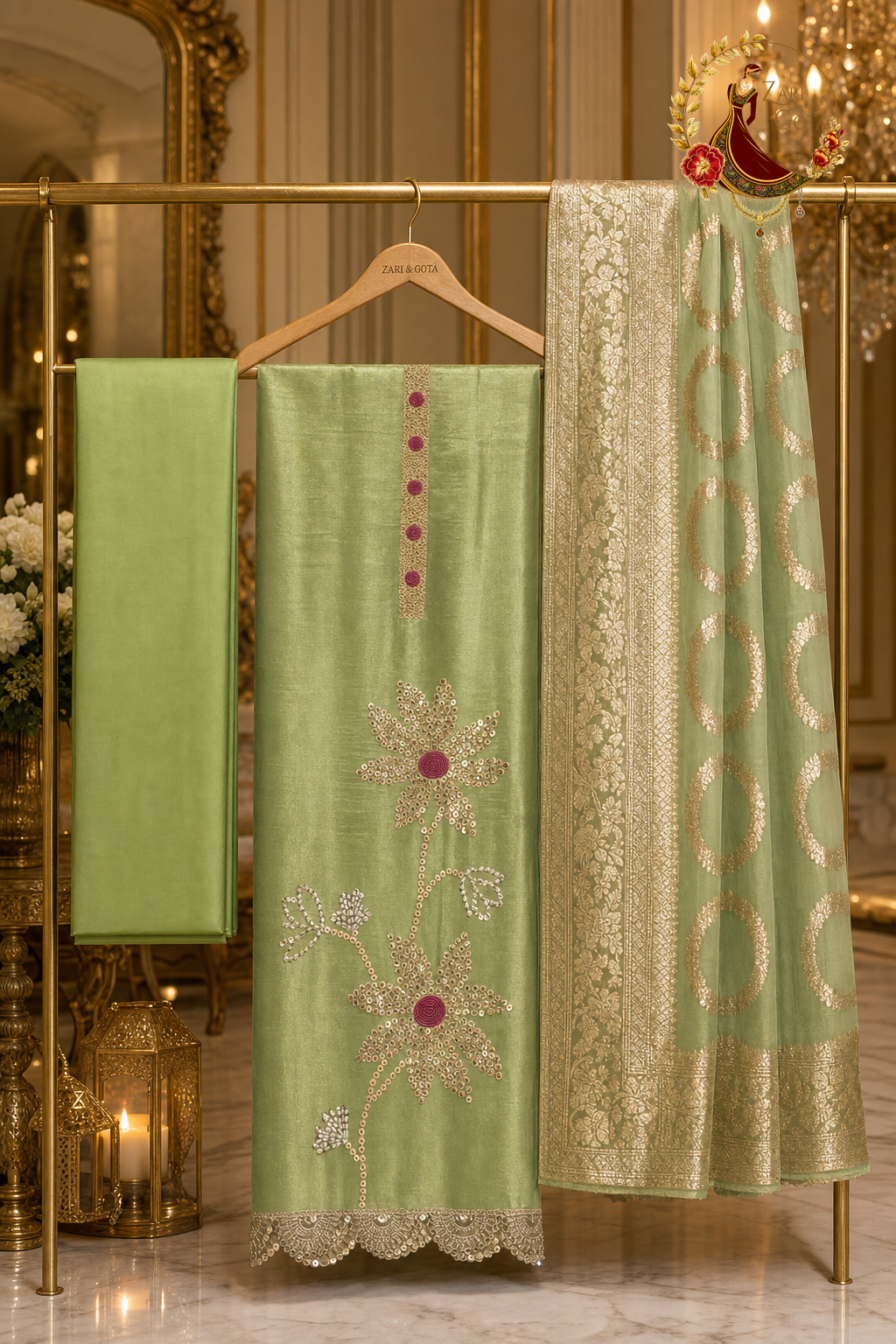 Unstitched pista green shimmer silk sequin and pearl work suit set components displayed on a hanger: shirt fabric, Banarasi dupatta and bottom