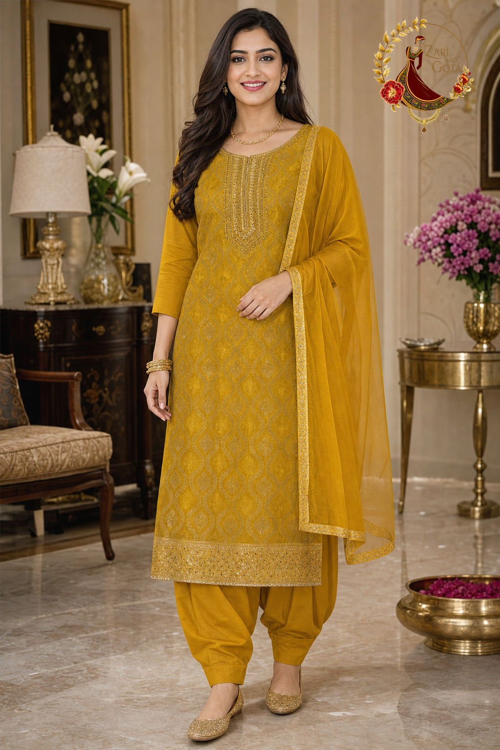 Mustard yellow Banarasi unstitched suit set with gold ogee weave and chiffon dupatta, worn by a model with a Punjabi salwar, Zari and Gota UK