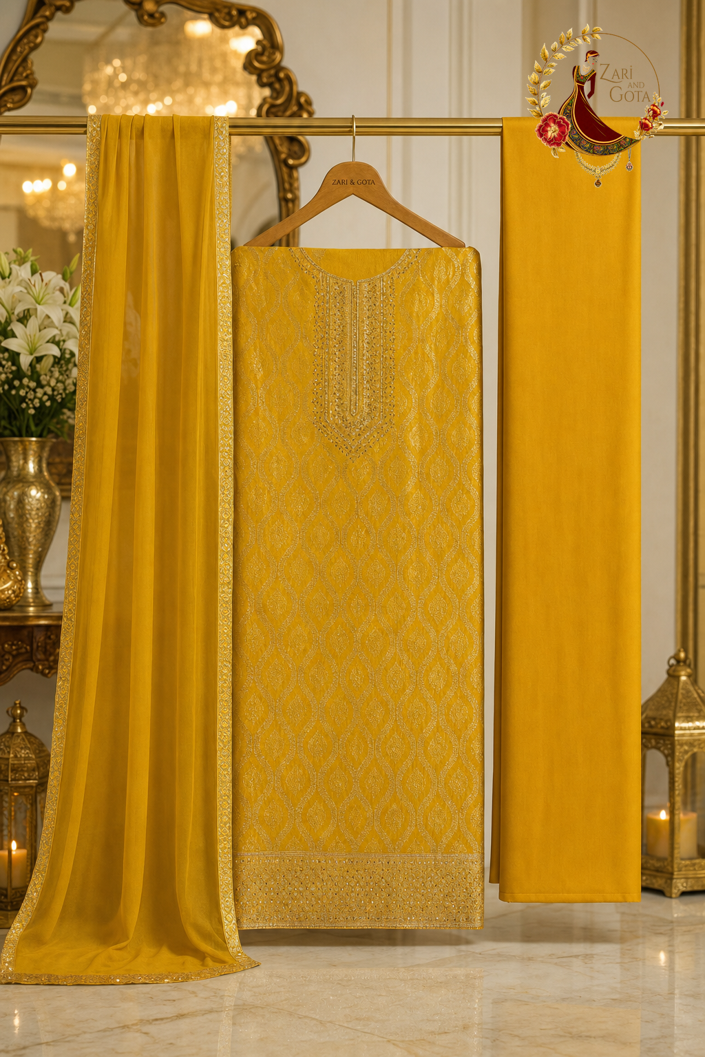 Unstitched mustard yellow Banarasi suit set components displayed on a hanger: shirt fabric, chiffon dupatta and bottom