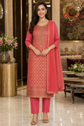 Pink Banarasi unstitched suit set with gold ogee weave and chiffon dupatta, worn by a model with straight trousers, Zari and Gota UK