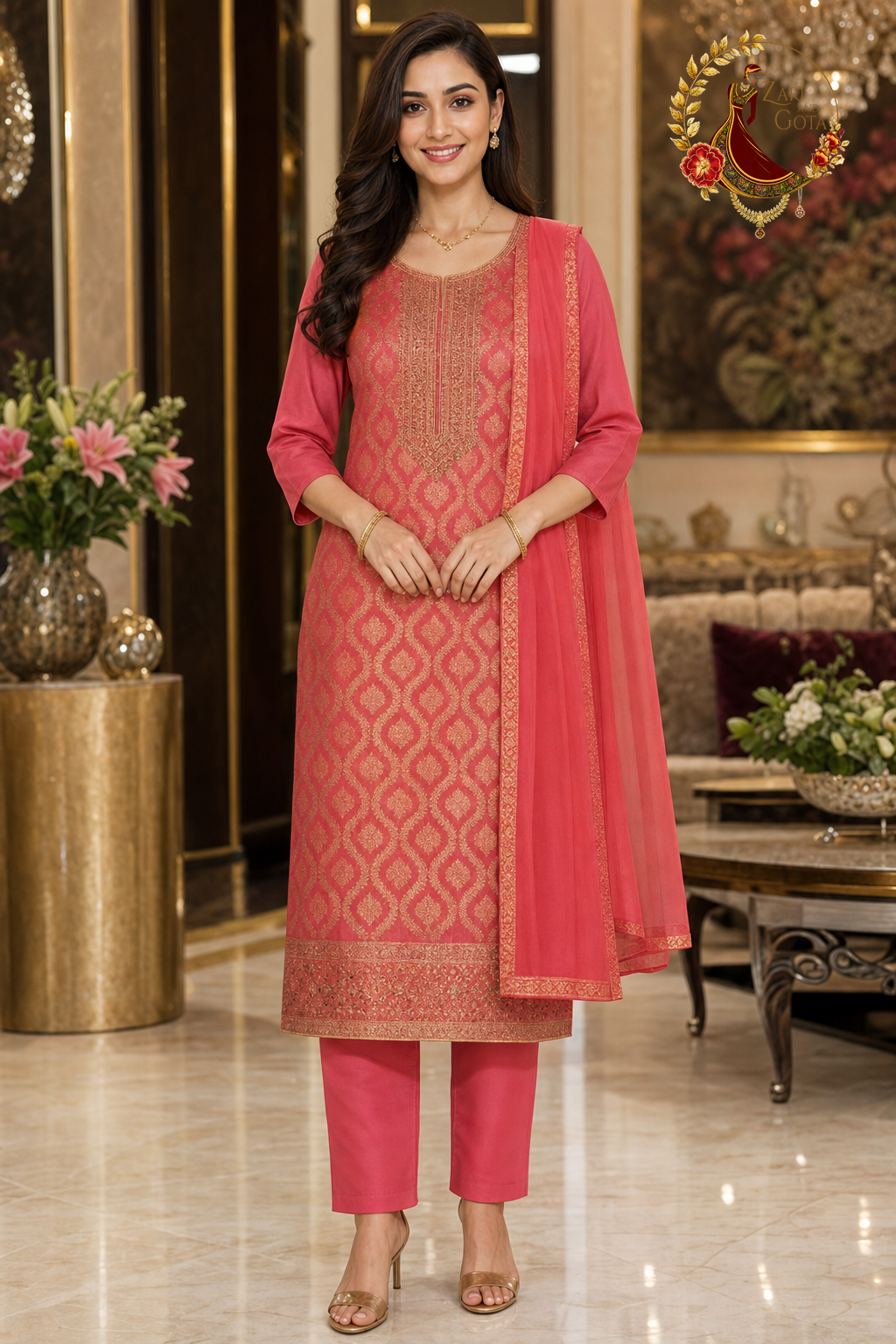 Pink Banarasi unstitched suit set with gold ogee weave and chiffon dupatta, worn by a model with straight trousers, Zari and Gota UK