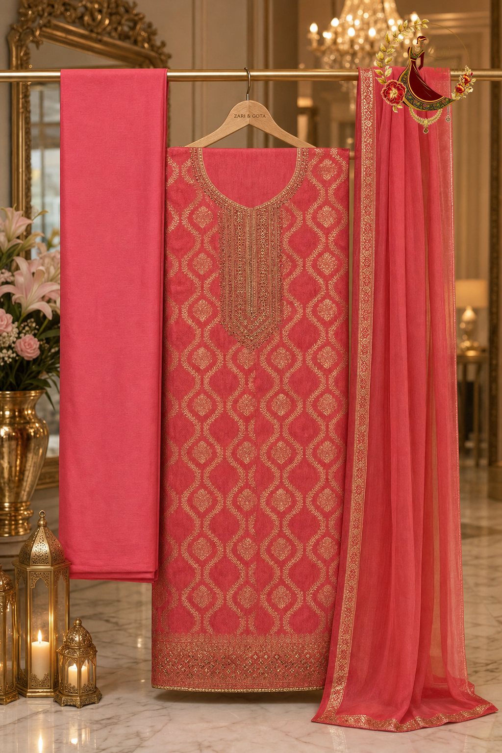 Unstitched pink Banarasi suit set components displayed on a hanger: shirt fabric, chiffon dupatta and bottom