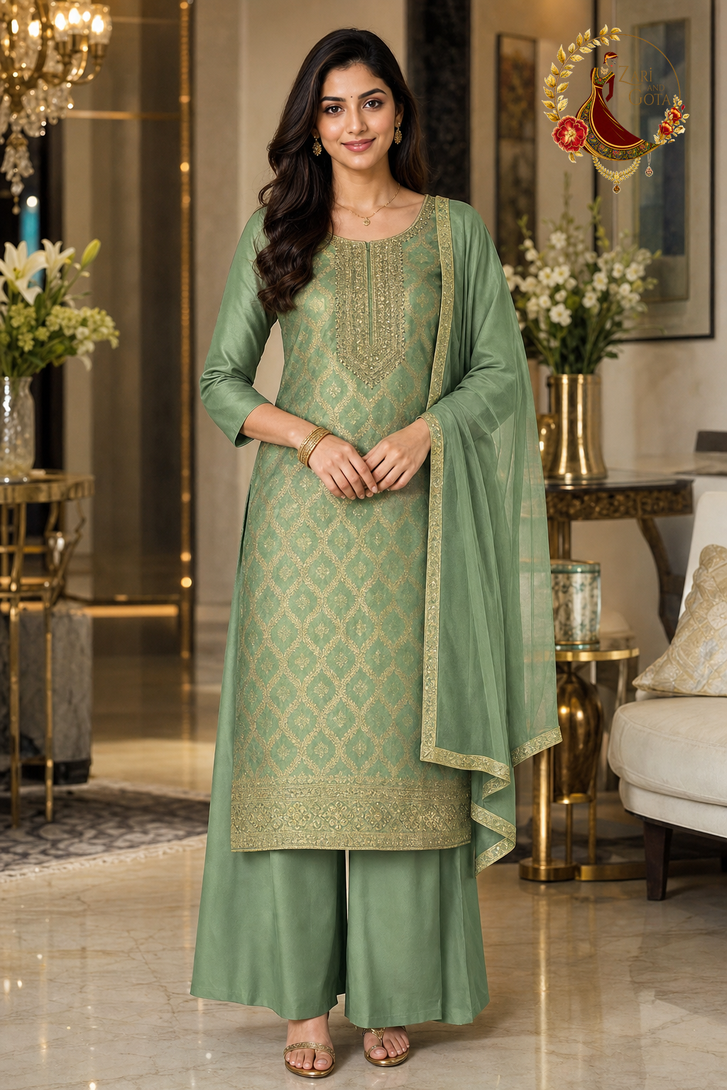 Green Banarasi unstitched suit set with gold ogee weave and chiffon dupatta, worn by a model with palazzo trousers, Zari and Gota UK