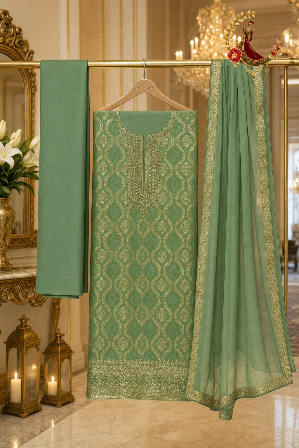 Unstitched green Banarasi suit set components displayed on a hanger: shirt fabric, chiffon dupatta and bottom