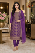 Light Purple Banarasi unstitched suit set with gold ogee weave and chiffon dupatta, worn by a model with a churidar, Zari and Gota UK
