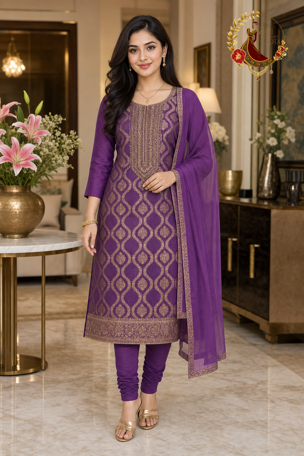 Light Purple Banarasi unstitched suit set with gold ogee weave and chiffon dupatta, worn by a model with a churidar, Zari and Gota UK