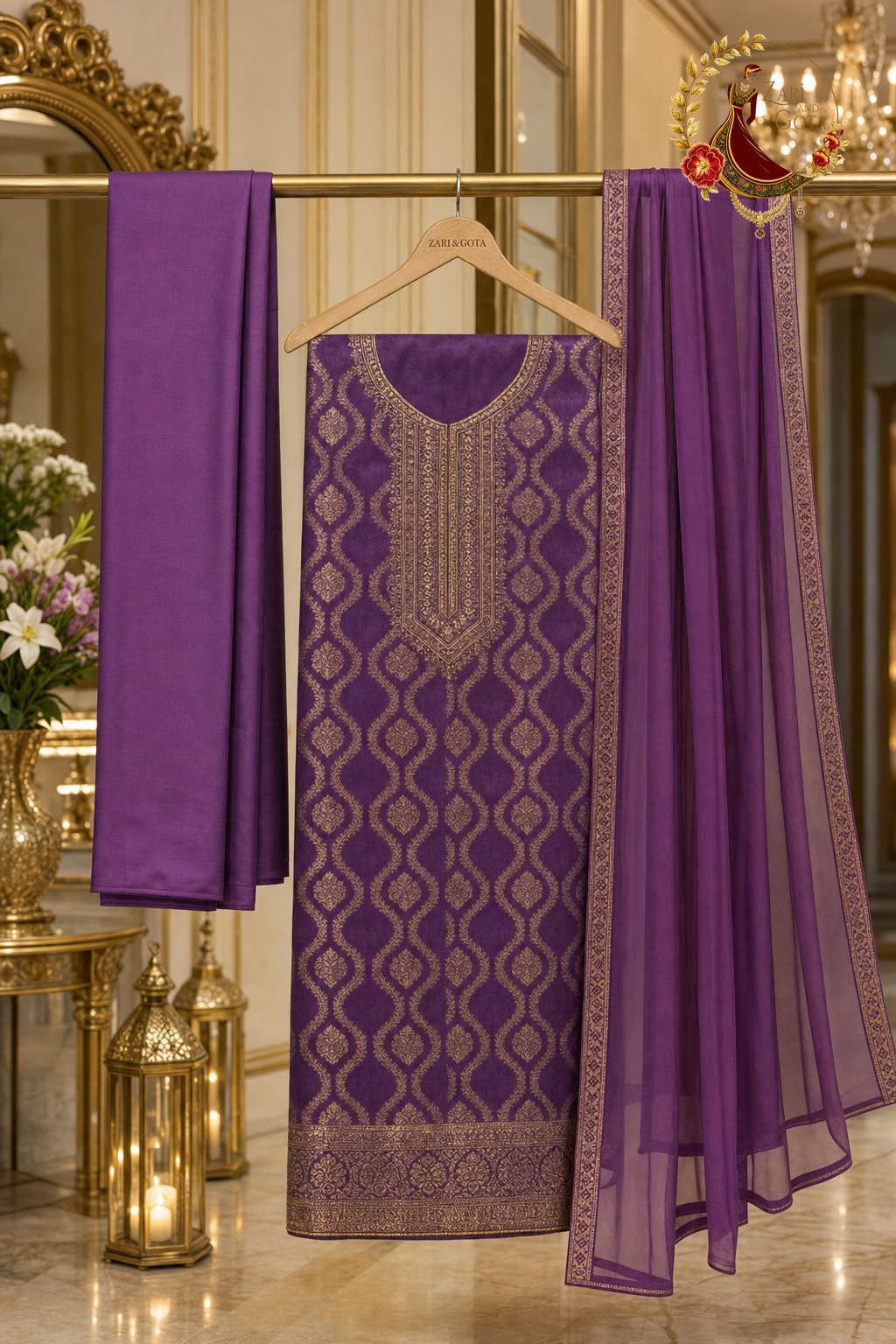 Unstitched light purple Banarasi suit set components displayed on a hanger: shirt fabric, chiffon dupatta and bottom