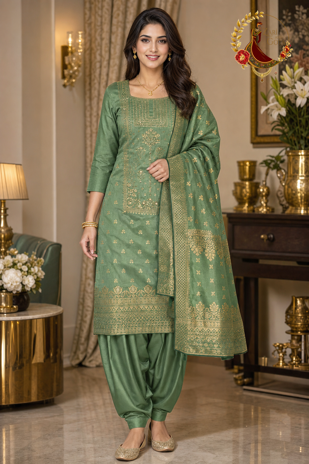 Green Banarasi unstitched suit set with gold booti weave and Banarasi dupatta, worn by a model with a Punjabi salwar, Zari and Gota UK