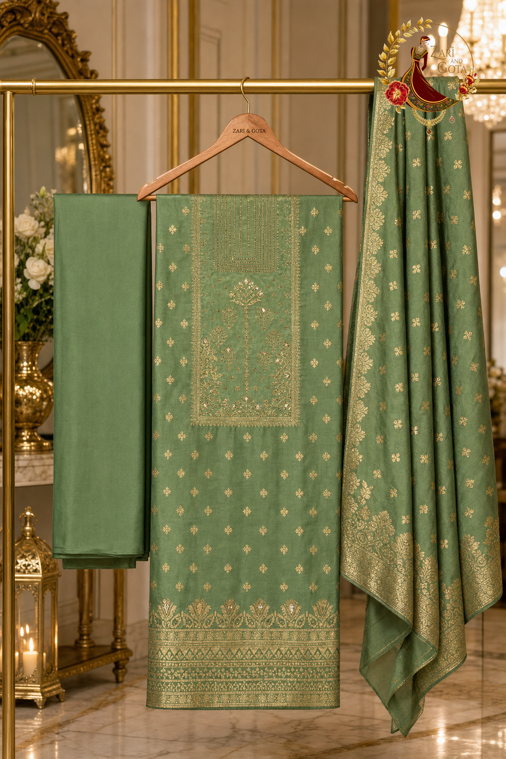 Unstitched green Banarasi suit set components displayed on a hanger: shirt fabric, Banarasi dupatta and bottom