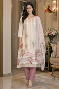 Lavender, Pink and Beige Chanderi silk embroidered patchwork unstitched suit set with striped chiffon dupatta, worn by a model with straight trousers, Zari and Gota UK