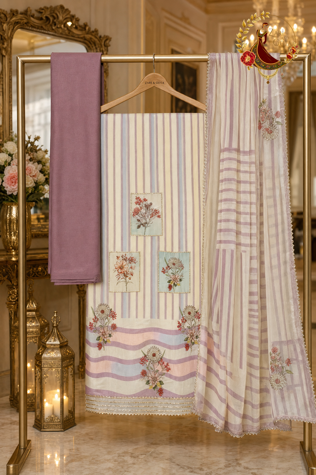 Unstitched lavender, pink and beige Chanderi silk embroidered patchwork suit set components displayed on a hanger: shirt fabric, chiffon dupatta and bottom