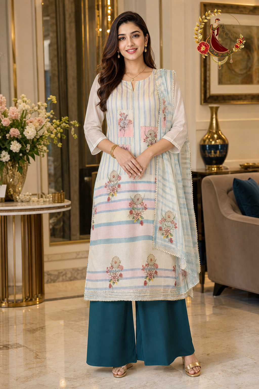 Sky Blue, Pink and Cream Chanderi silk embroidered patchwork unstitched suit set with striped chiffon dupatta, worn by a model with palazzo trousers, Zari and Gota UK